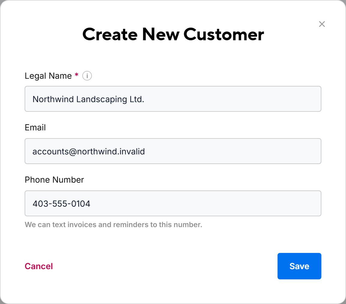 The Create New Customer form with Legal Name, Email and Phone Number filled in