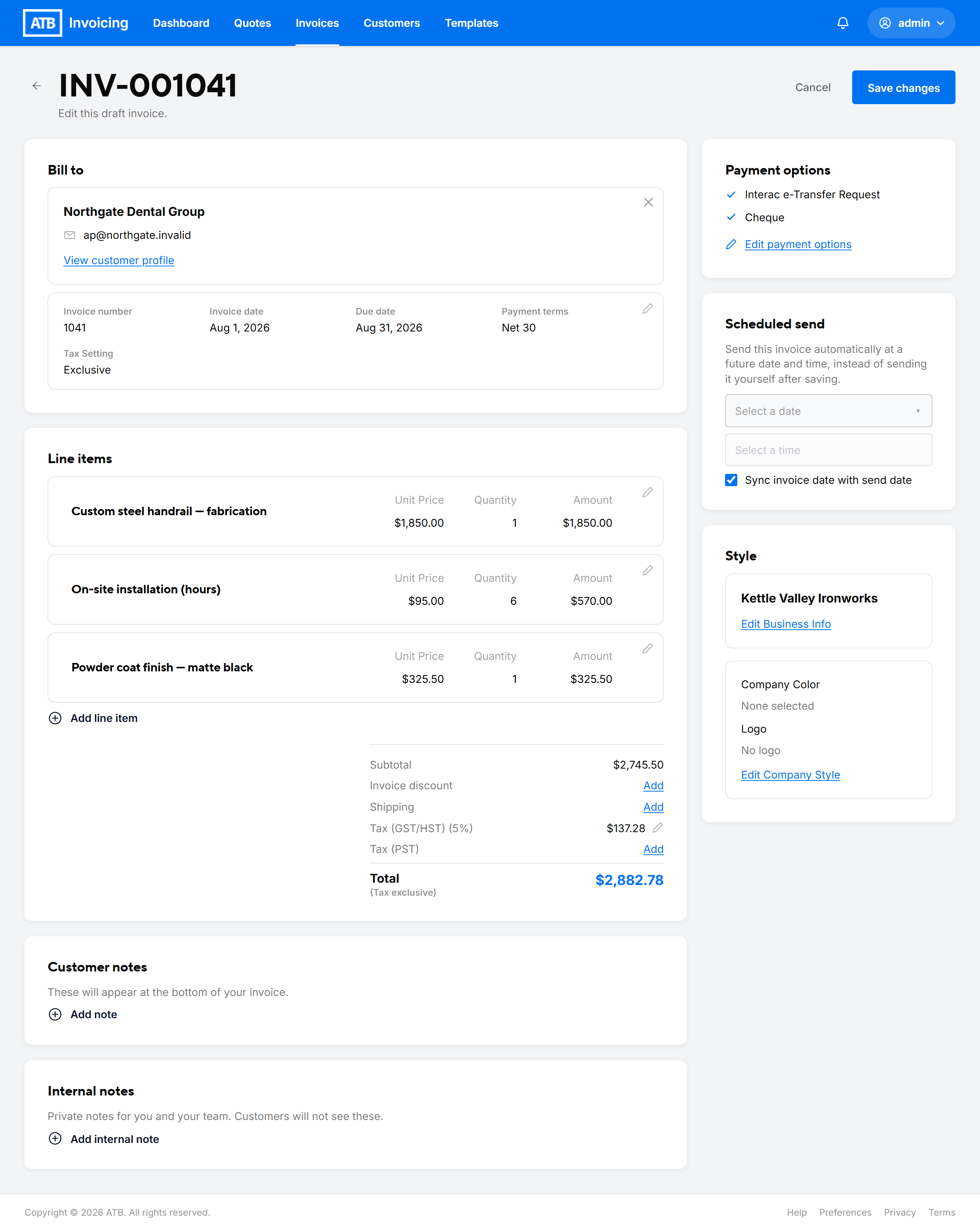 A draft invoice with the customer selected, three line items, GST/HST and the total
