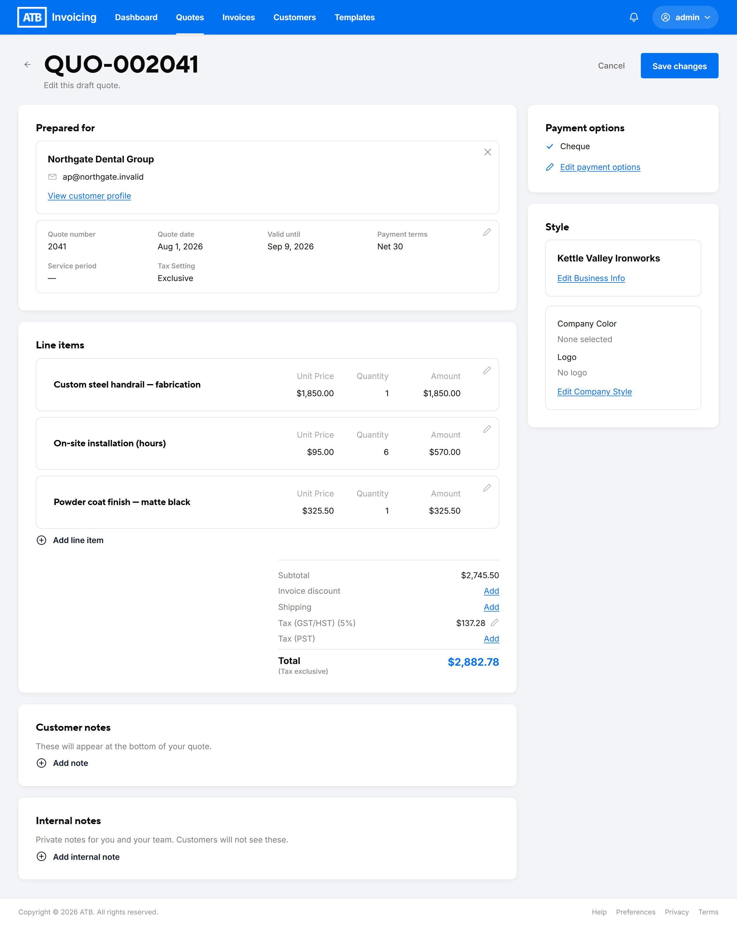 A draft quote with the customer, valid-until date and line items filled in