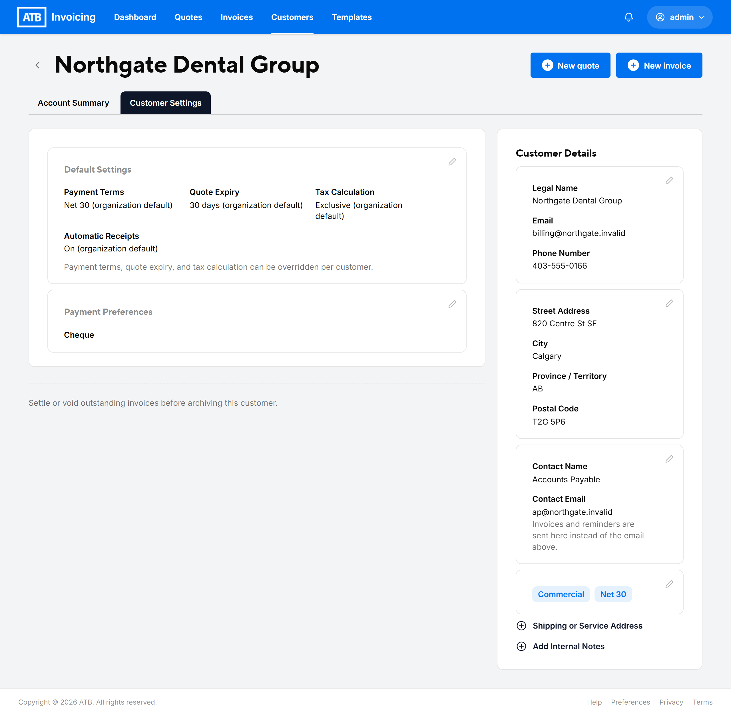 The Customer Settings tab showing Default Settings, Payment Preferences and the Customer Details panel