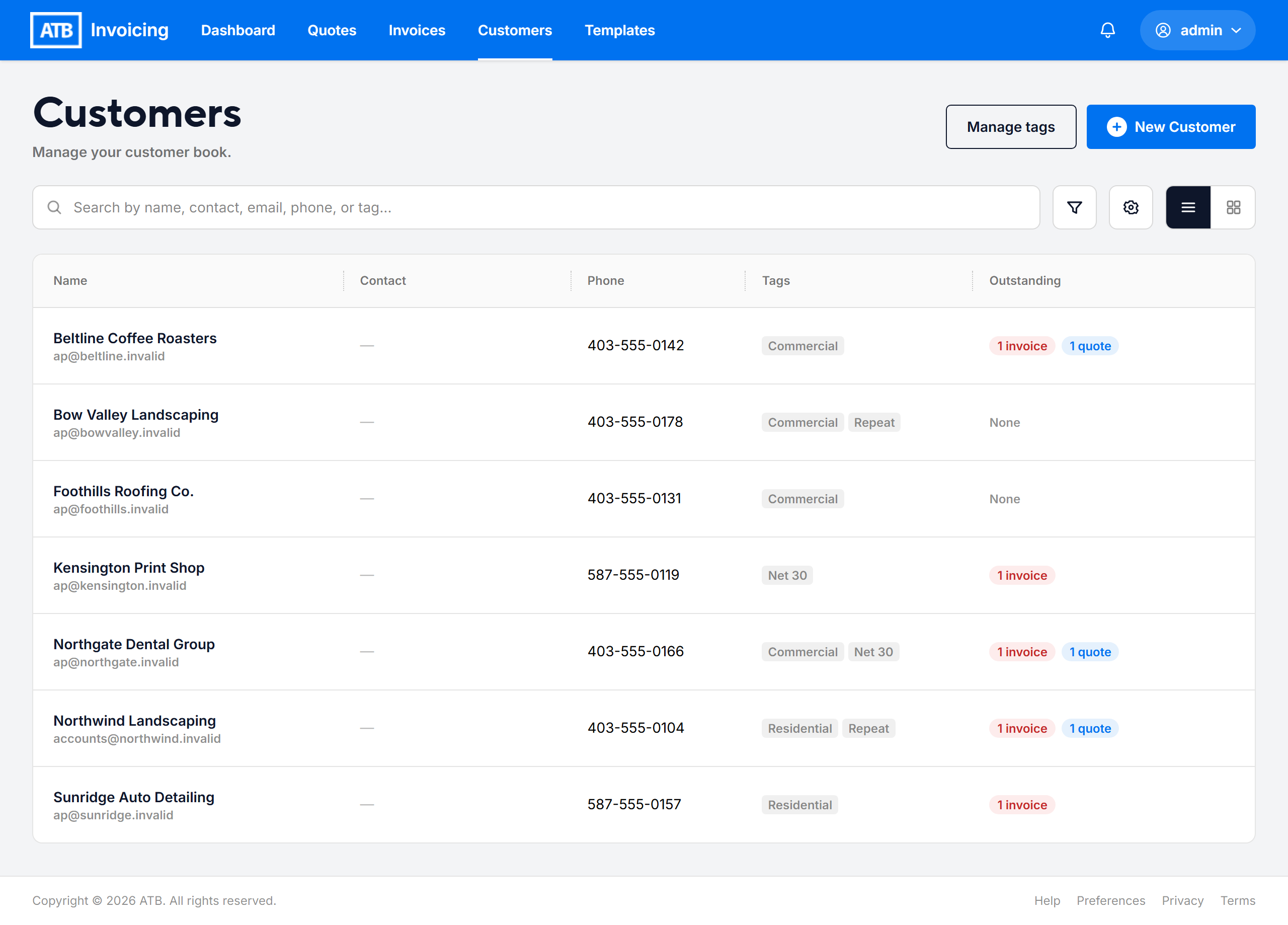The Customers list with search, tags and outstanding invoice and quote counts