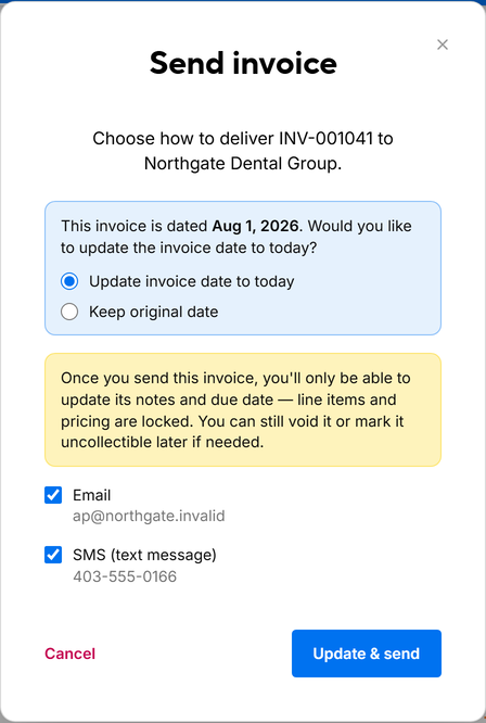 The Send invoice dialog with Email and SMS delivery options