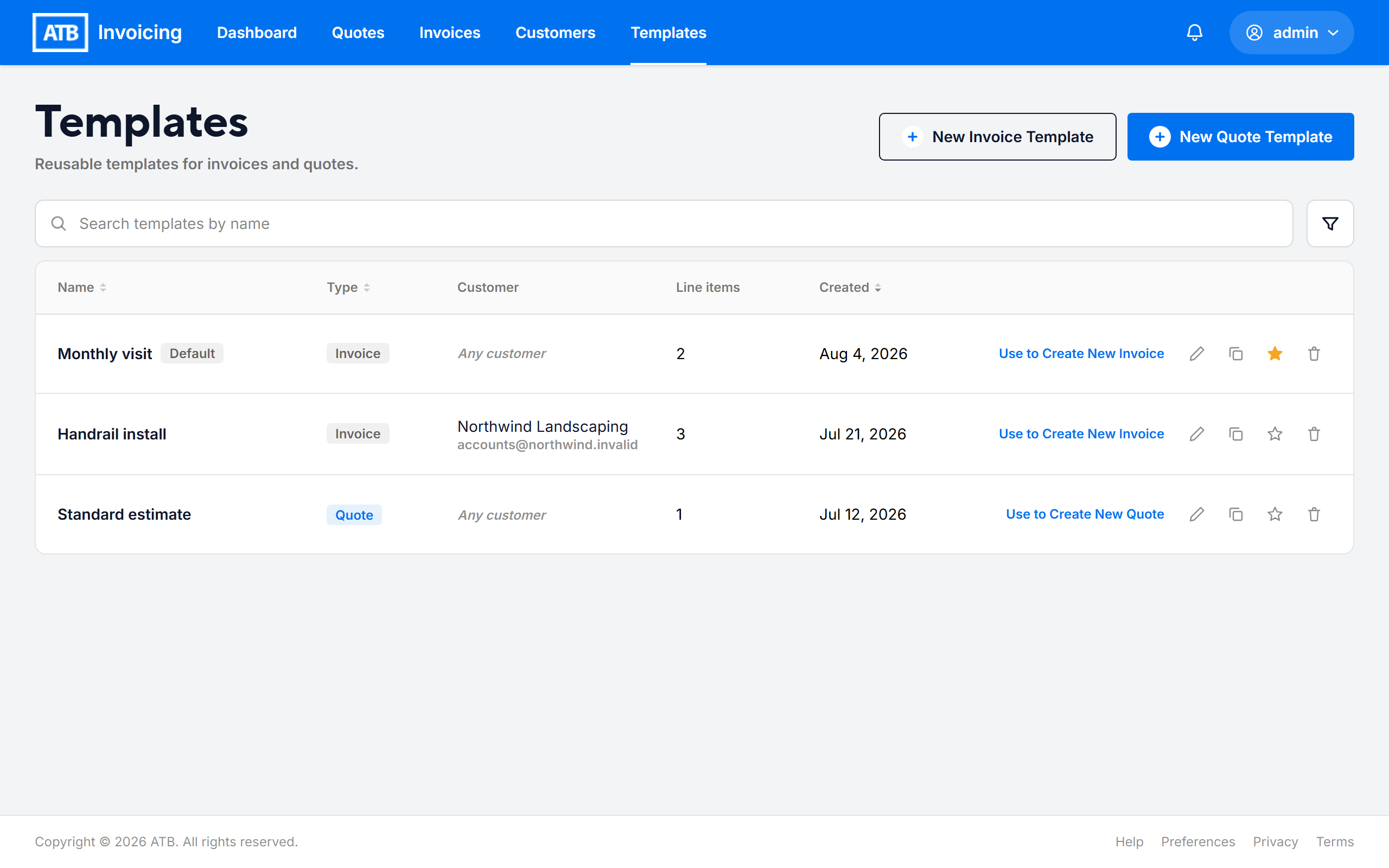 The Templates page listing invoice and quote templates, with one marked Default