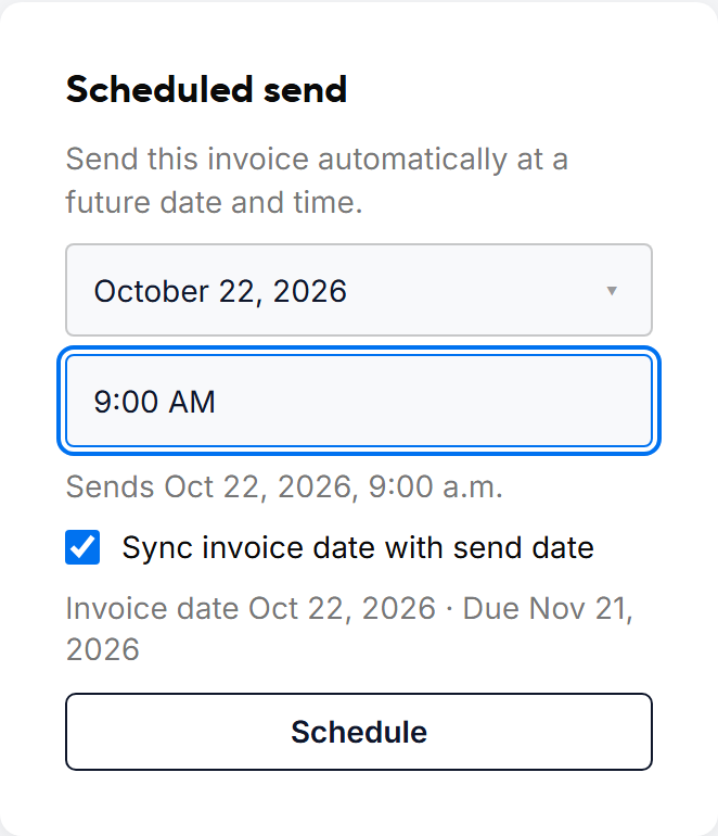 The Scheduled send card with a date and time chosen