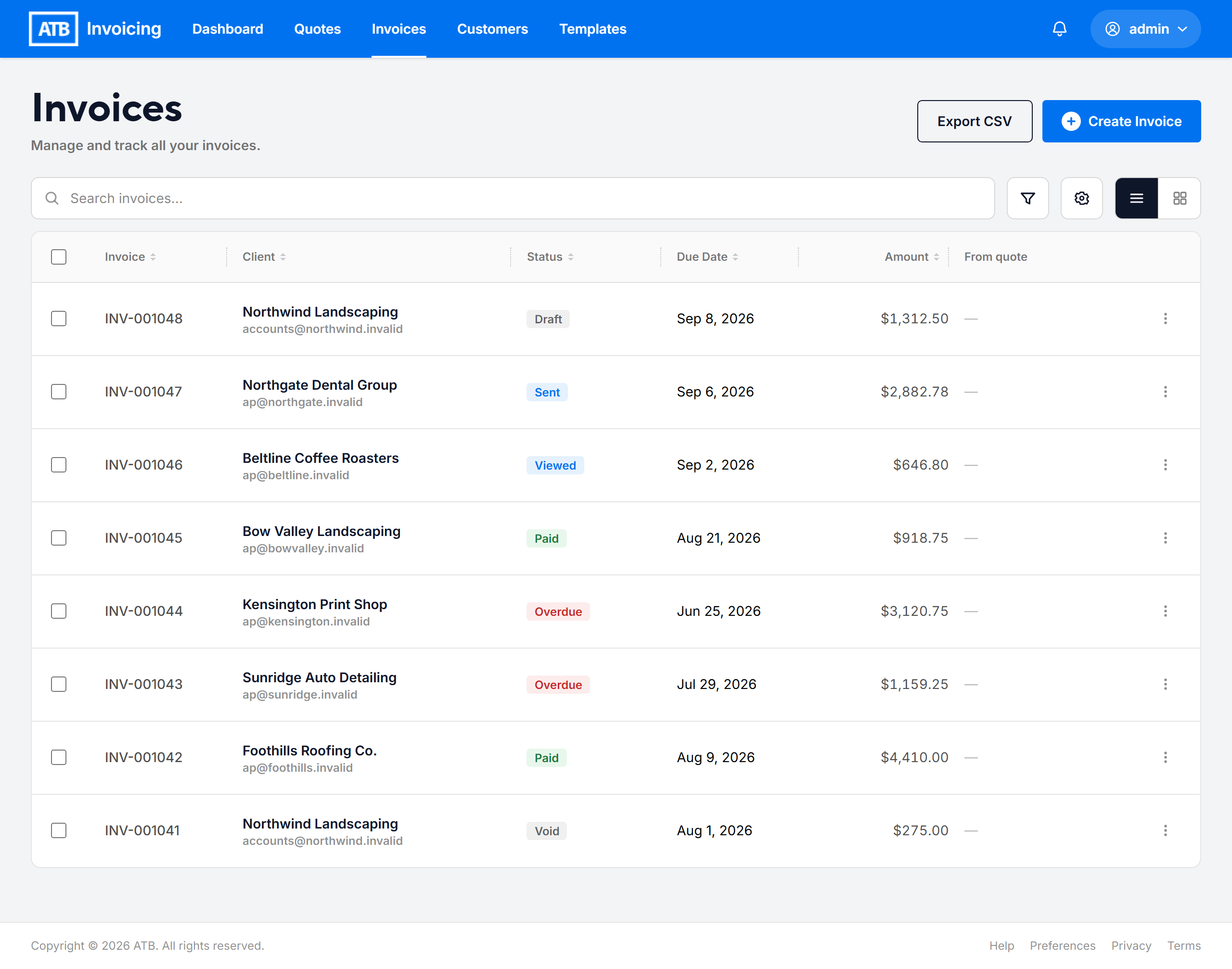 The Invoices list with search, filter, Export CSV and invoices in several statuses