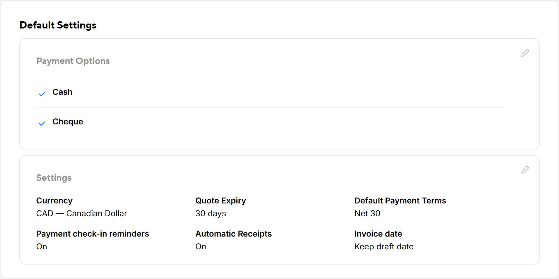 The Default Settings section with the Payment Options and Settings cards