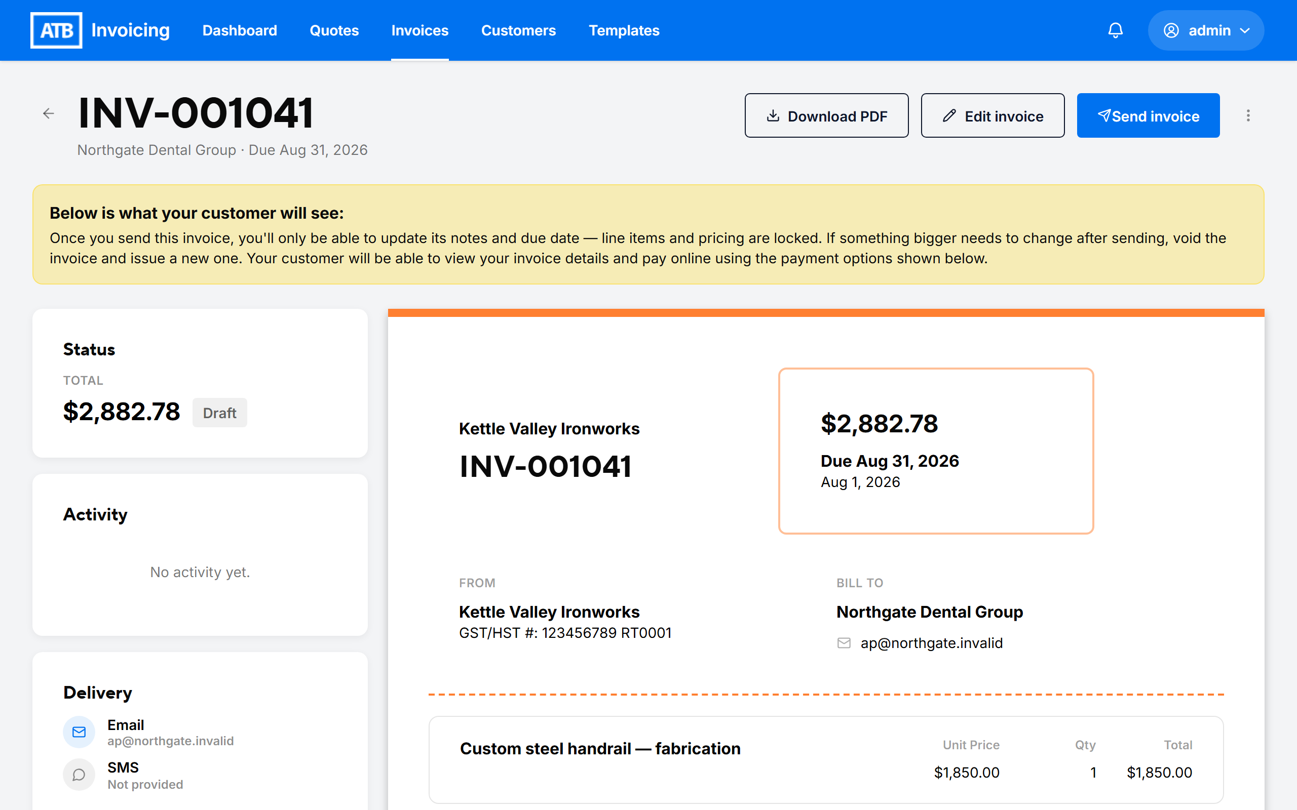 A draft invoice page with the Below is what your customer will see banner
