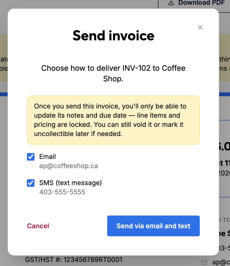 The Send invoice dialog with options to deliver by email and SMS